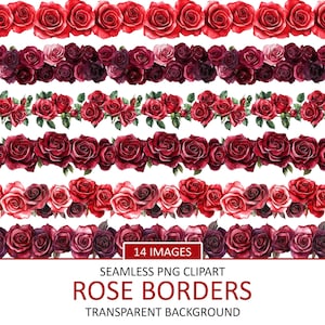 Seamless Red Roses Border Clipart, Floral Design Decoration, Clip Art Sublimation, Flower, Scrapbook Image, Junk Journal, Commercial Use