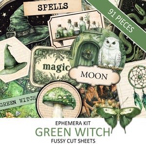 Kit de itens efêmeros de bruxa verde vintage, corte antigo de Wicca, suprimentos de diário de lixo, colagem, pagão, sucata de bruxa da floresta, download instantâneo