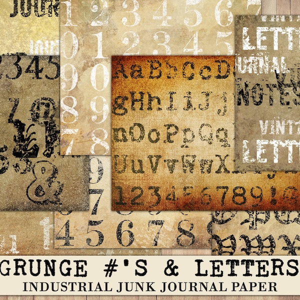 Grunge industriel imprimable, lettres et chiffres, papier journal indésirable, conception grunge antique, fond de scrapbooking, téléchargement immédiat