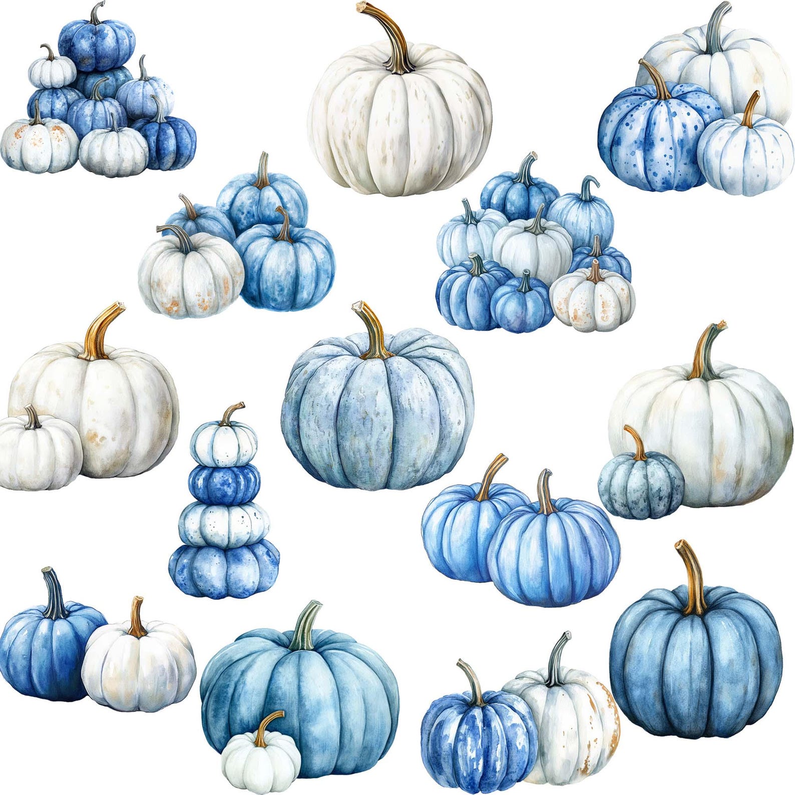 Watercolor Blue and White Pumpkins Clipart: Fall PNG (commercial Use ...