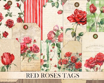 Vintage Red Roses Tags: Junk Journal Ephemera (Instant Download)