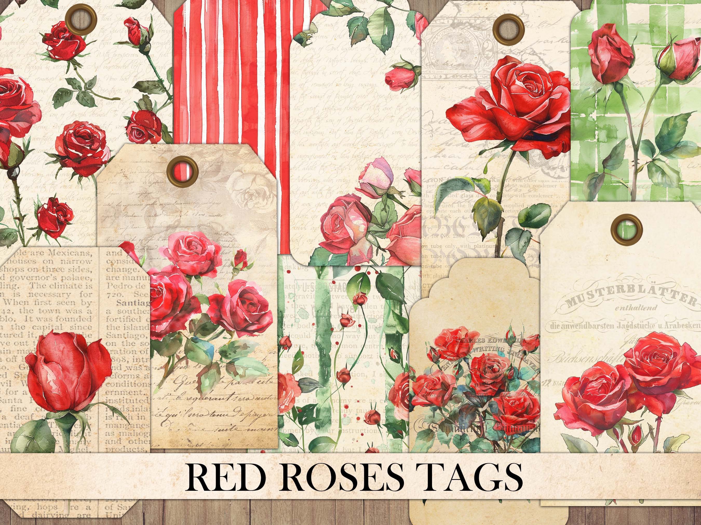 Vintage Red Roses Tags: Junk Journal Ephemera (instant Download) - Etsy
