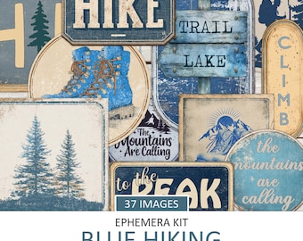 Vintage-style Hiking Ephemera Kit: Blue and Tan Grunge, Printable Junk Journal Labels (Digital Download)