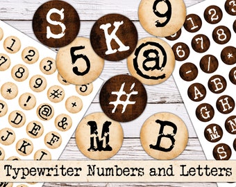 May include: A set of brown and white typewriter-style letter and number stickers. The stickers are round and have a vintage look. The letters and numbers are in a bold, black font. The stickers are arranged in a grid on a white background. The text "Typewriter Numbers and Letters" is printed below the stickers.