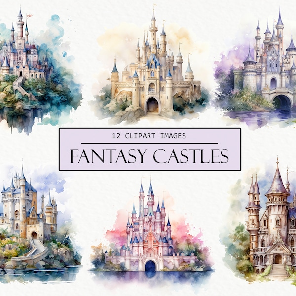 Watercolor Fantasy Castles Clipart, Magical Images, Magic Castle Illustrations, Clip Art, Commercial Use, PNG, Instant Download