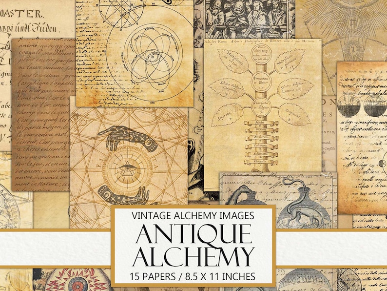 May include: A collage of 15 vintage images featuring antique alchemy illustrations. The images are in shades of brown, beige, and black, and include diagrams, symbols, and text related to alchemy. The text includes the words "Vintage Alchemy Images", "Antique Alchemy", and "15 Papers / 8.5 x 11 Inches".