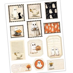 May include: A set of 12 printable digital scrapbook paper designs featuring ghosts, pumpkins, and other Halloween-themed elements. The papers are in a vintage style with a distressed look and include text like "15c", "1947 Paris", and "Post Card".