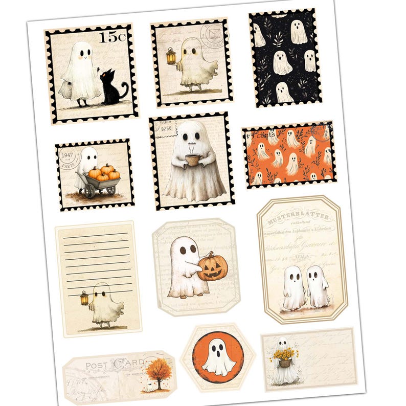 May include: A set of 12 printable digital scrapbook paper designs featuring ghosts, pumpkins, and other Halloween-themed elements. The papers are in a vintage style with a distressed look and include text like "15c", "1947 Paris", and "Post Card".