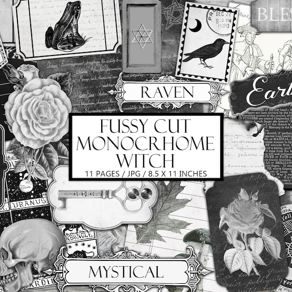 Monochrome Witch Ephemera Kit, Ink Saver, Vintage Fussy Cut, Large Pack, Junk Journal Supplies, Scrapbook, Wicca, Instant Download