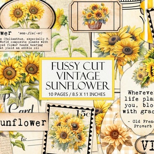 Kit imprimable éphémères tournesol, coupe délicate vintage, fournitures pour journal indésirable, collage, floral antique, fleur d'automne, automne, téléchargement immédiat