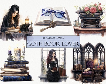 Watercolor Gothic Book Lover Clipart: Dark Academia PNG (Digital Download)