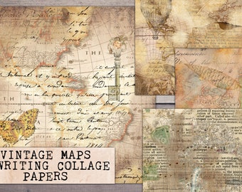 Digital Maps and Old Writing Collage Papers, Printable Vintage Junk Journal, Old-fashioned Scrapbook Kit, Background, Instant Download