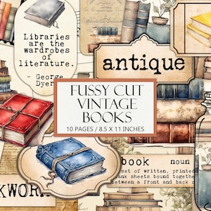 Druckbare Vintage Bücher Ephemera Kit, antike Bibliothek Thema, Pingeliger Schnitt, Junk Journal Zubehör, Collage, Bücherwurm Ästhetik, kommerzielle Nutzung