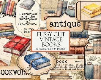 Op de afbeelding: Een digitaal papierpakket met 10 pagina's vintage boekillustraties. De illustraties tonen stapels boeken, antieke boeken en een boekenpot. Het papierpakket is 8,5 x 11 inch.