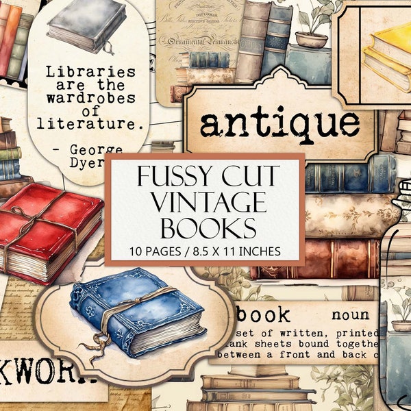 Printable Vintage Books Ephemera Kit, Antique Library Theme, Fussy Cut, Junk Journal Supplies, Collage, Bookish Aesthetic, Commercial Use