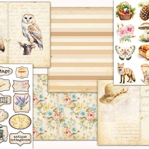 May include: A digital paper pack with a vintage country cottage theme. The pack includes images of a fox, an owl, a teapot, a rocking chair, a hat, a basket of vegetables, a mushroom, a butterfly, a loaf of bread, and a floral pattern. The pack also includes several labels with text such as "vintage", "country cottage", and "antique cottagecore".