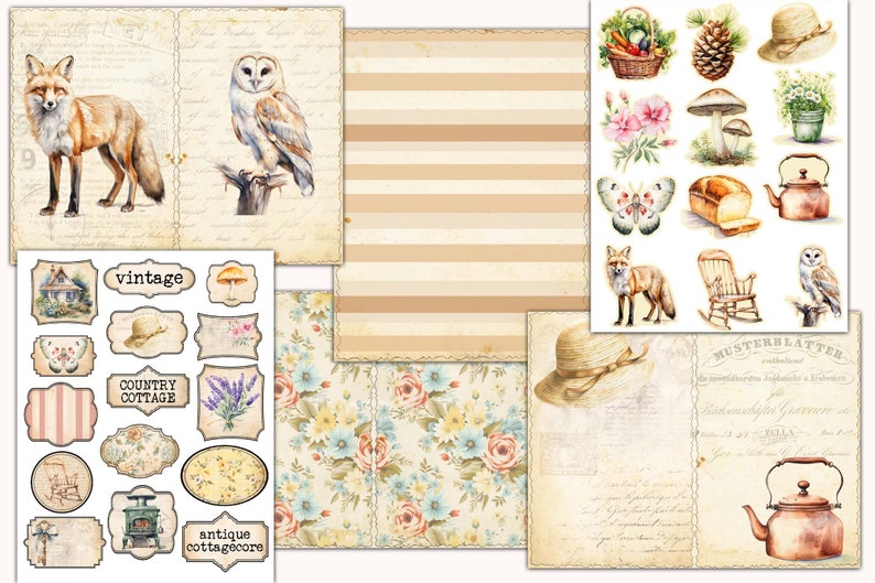 May include: A digital paper pack with a vintage country cottage theme. The pack includes images of a fox, an owl, a teapot, a rocking chair, a hat, a basket of vegetables, a mushroom, a butterfly, a loaf of bread, and a floral pattern. The pack also includes several labels with text such as "vintage", "country cottage", and "antique cottagecore".