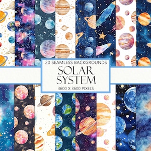 May include: 20 seamless digital paper designs featuring watercolor illustrations of planets, stars, and galaxies in shades of blue, pink, orange, and yellow. The designs are perfect for creating space-themed crafts, scrapbooking, and digital projects.