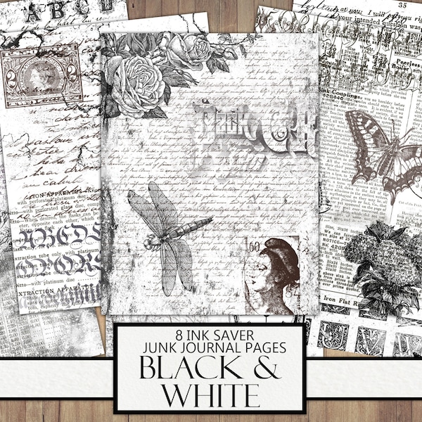 Ink Saver Junk Journal Paper, Distressed Pages, Vintage Black and White, Ephemera, Antique, Old Paper, Scrapbook Background, Printable