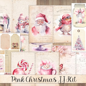 Pink Christmas Junk Journal Kit, Vintage Style Journal Pages, Ephemera, Fussy Cut, Scrapbook Embellishment, Printable Craft Kit, Download