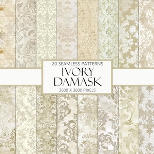 Seamless Watercolor Ivory Damask, Neutral Distressed Design, Repeating Pattern, Scrapbook Papers, Wallpaper Background, Instant Download