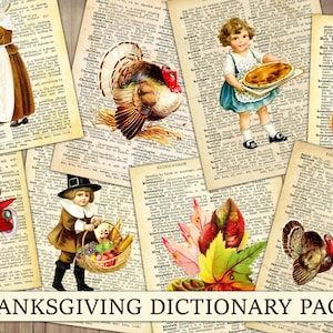 Vintage Thanksgiving woordenboekpagina&#39;s, oud Turkije papier, Ephemera, Fall Scrapbook Kit, pompoenen en bladeren, afdrukbaar, Instant Download