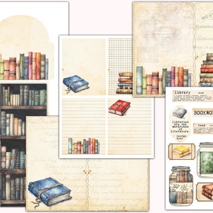 May include: A digital paper pack with a vintage aesthetic featuring illustrations of books, a bookshelf, and a jar filled with books. The paper pack includes various designs with quotes about libraries and reading. The text on the paper pack reads "MUSTERBLATTER", "library", "BOOKWORM", "Libraries are the wardrobes of literature", "read", "book lover", "library card", "book", and "It is true that it is not at all necessary to love many books, in order to love them well."