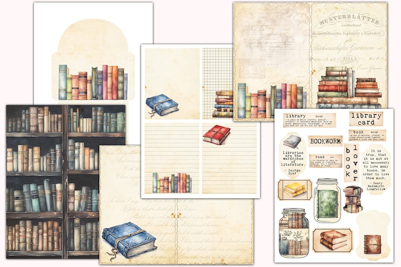 May include: A digital paper pack with a vintage aesthetic featuring illustrations of books, a bookshelf, and a jar filled with books. The paper pack includes various designs with quotes about libraries and reading. The text on the paper pack reads "MUSTERBLATTER", "library", "BOOKWORM", "Libraries are the wardrobes of literature", "read", "book lover", "library card", "book", and "It is true that it is not at all necessary to love many books, in order to love them well."
