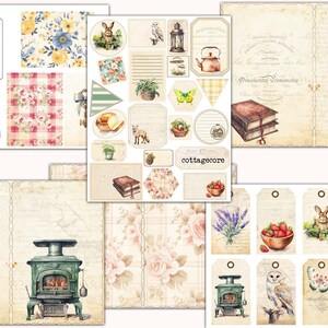 May include: A digital paper pack with a cottagecore theme. The pack includes images of a house, a rocking chair, a wood-burning stove, a key, a teapot, a lantern, a book, a bowl of strawberries, a bird, a butterfly, a fox, a floral pattern, and a checkered pattern. The pack also includes several blank tags and labels.