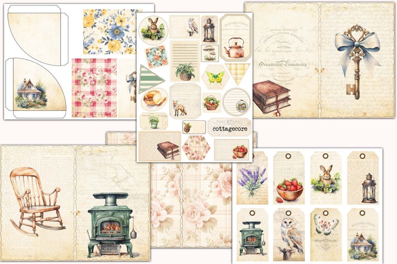 May include: A digital paper pack with a cottagecore theme. The pack includes images of a house, a rocking chair, a wood-burning stove, a key, a teapot, a lantern, a book, a bowl of strawberries, a bird, a butterfly, a fox, a floral pattern, and a checkered pattern. The pack also includes several blank tags and labels.