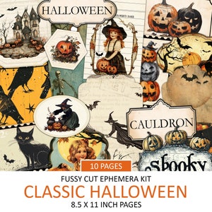 Klasyczny zestaw efemeryd na Halloween, styl vintage na jesień, estetyka retro jesieni, cięcie precyzyjne, artykuły do dziennika śmieci, kolaż, do druku
