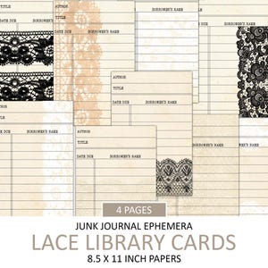 Tarjetas de biblioteca vintage para imprimir, encaje antiguo, encaje negro, blanco y café, corte quisquilloso, paquete de efímeras, diario basura, restos de álbumes de recortes