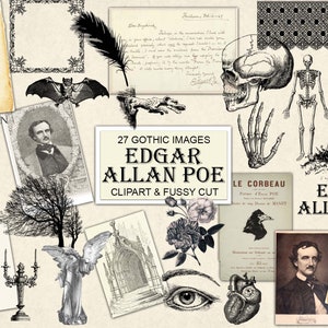 May include: A collection of 27 gothic images featuring illustrations of Edgar Allan Poe, ravens, skulls, skeletons, a church, a tombstone, a bat, a tree, an angel, a heart, an eye, a rose, and a handwritten letter. The text "Quoth the Raven Nevermore!" and "27 Gothic Images Edgar Allan Poe Clipart & Fussy Cut" are also included.