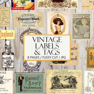 Vintage Labels and Tags, Authentic Advertisements, Junk Journal Ephemera, Printable, Embellishments, Fussy Cut, Commercial Use