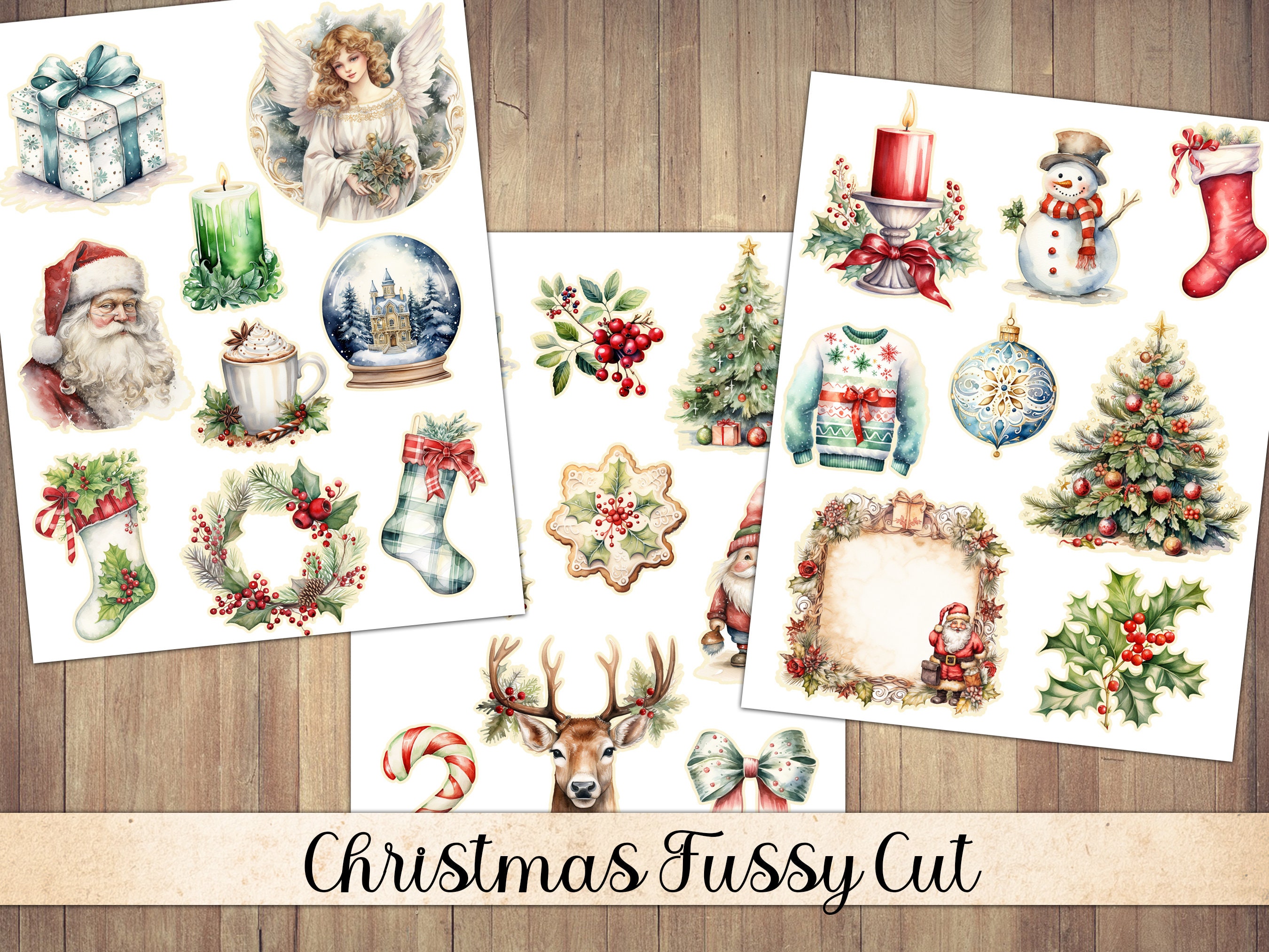 Vintage-Style Christmas Fussy Cut Images, Watercolor Printable Ephemera, Junk Journal Embellishment, Seasonal, Winter Designs, Download