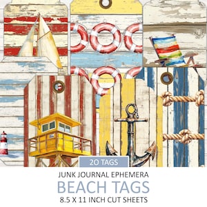 Etiquetas de praia desgastadas, itens efêmeros para impressão, imagens náuticas, cartões de diário, etiquetas, corte exigente, lado do oceano, água praiana, download instantâneo