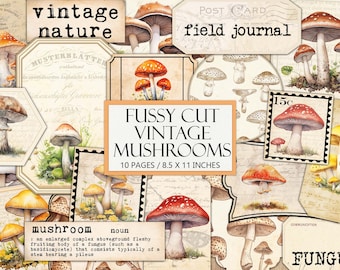 Printable Vintage Mushroom Ephemera Kit: Junk Journal Collage (Digital Download)
