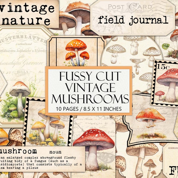 Printable Vintage Mushrooms Ephemera Kit, Antique Nature Aesthetic, Fussy Cut, Junk Journal Supplies, Collage, Fungus, Commercial Use