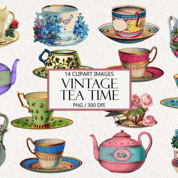 Vintage Tea Party Clipart, Junk Journal Embellishment, Printable Ephemera, Fussy Cut, Tea Time, Tea Cup Clip Art, PNG, Instant Download