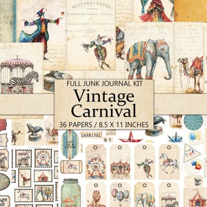 Vintage Carnival, Antique Circus Junk Journal Kit, Pages and Ephemera, Fussy Cut, Scrapbook Embellishment, Big Top, Printable Craft