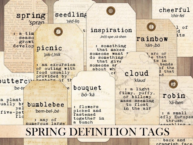 May include: A set of 10 vintage-style gift tags with spring-themed words and definitions. The tags are printed on cream-colored paper with brown ink and have a distressed look. The words include: spring, seedling, picnic, inspiration, rainbow, cloud, bouquet, bumblebee, robin, and cheerful.