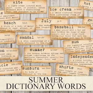 Summer Dictionary Words, Printable Junk Journal Ephemera, Grunge, Summer Craft Kit Scraps, Vintage, Seasonal, Fussy Cut, Instant Download
