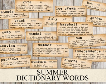 May include: A vintage-style illustration of summer words with definitions. The words are written in a typewriter font on a tan background with a woodgrain texture. The words include: lemonade, kite, beach, camp, vacation, popsicle, ice cream, July, baseball, sandal, summer, sunburn, sun, hot, garden, independence day, and shorts.