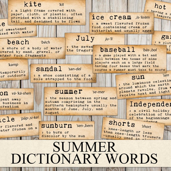 Summer Dictionary Words, Printable Junk Journal Ephemera, Grunge, Summer Craft Kit Scraps, Vintage, Seasonal, Fussy Cut, Instant Download