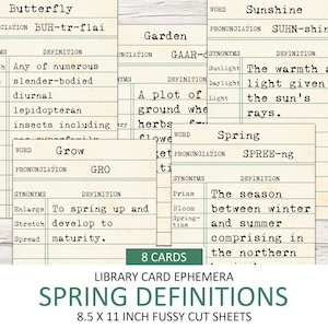 Druckbare Vintage Frühling Definition Bibliothekskarten, Fussy Schnitt, Ephemera Pack, Junk Journal Zubehör, Wörterbuch Wort, saisonale Download