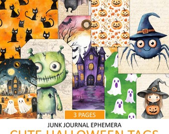 Könnte beinhalten: Eine Sammlung farbenfroher Halloween-Tags. Designs umfassen schwarze Katzen, Fledermäuse, Kürbisse, eine Spinne, eine Hexe, einen Zombie, Geister und ein Spukhaus. Der Text auf den Tags lautet "Cute Halloween Tags" und "Fussy Cut Sheets".