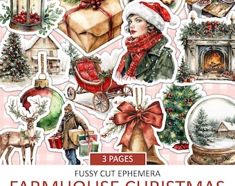 Watercolor Farmhouse Christmas Ephemera: Junk Journal Embellishments (Digital Download)