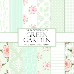 Seamless Green Garden, Scrapbook Papers, Junk Journal, Roses, Green Ephemera, Printable Craft Kit, Fussy Cut, Instant Download