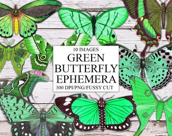 Digital Green Butterflies, Junk Journal Ephemera, Butterfly Clipart, Fussy Cut, Scrapbook Embellishment, Printable Butterflies