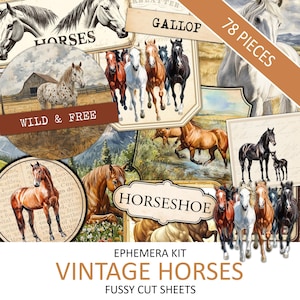 Kit d'éphémères chevaux vintage aquarelle, cheval antique, cheval de coupe difficile, fournitures pour journal indésirable, animal sauvage, étalon, téléchargement immédiat